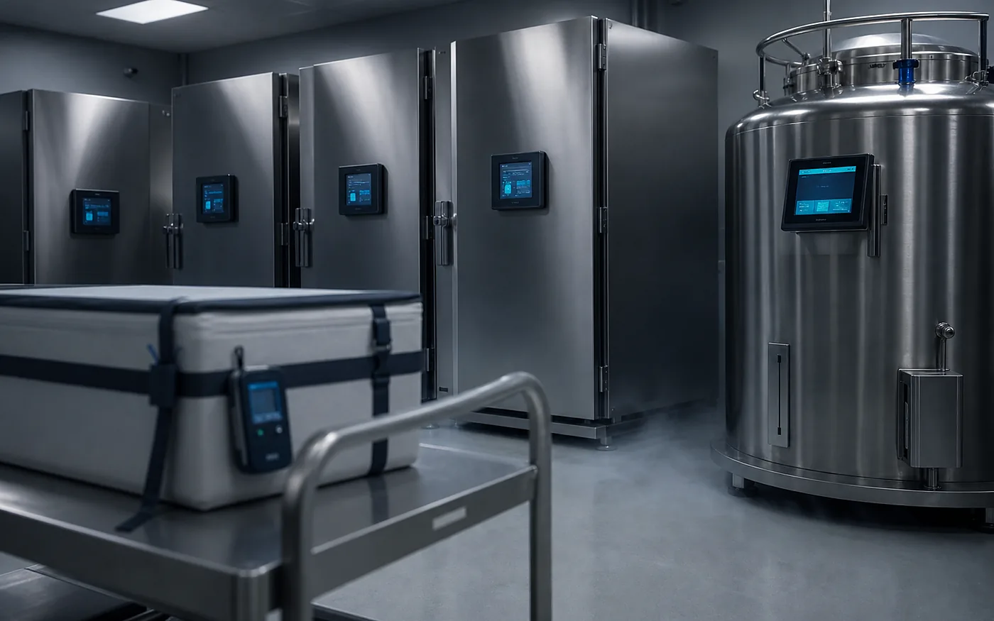 Controlled cold storage equipment with temperature monitoring displays.