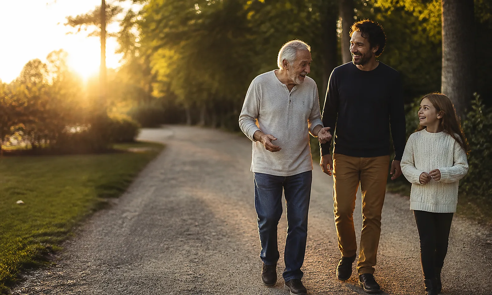 Three generations of a family walking together outdoors in late afternoon light.