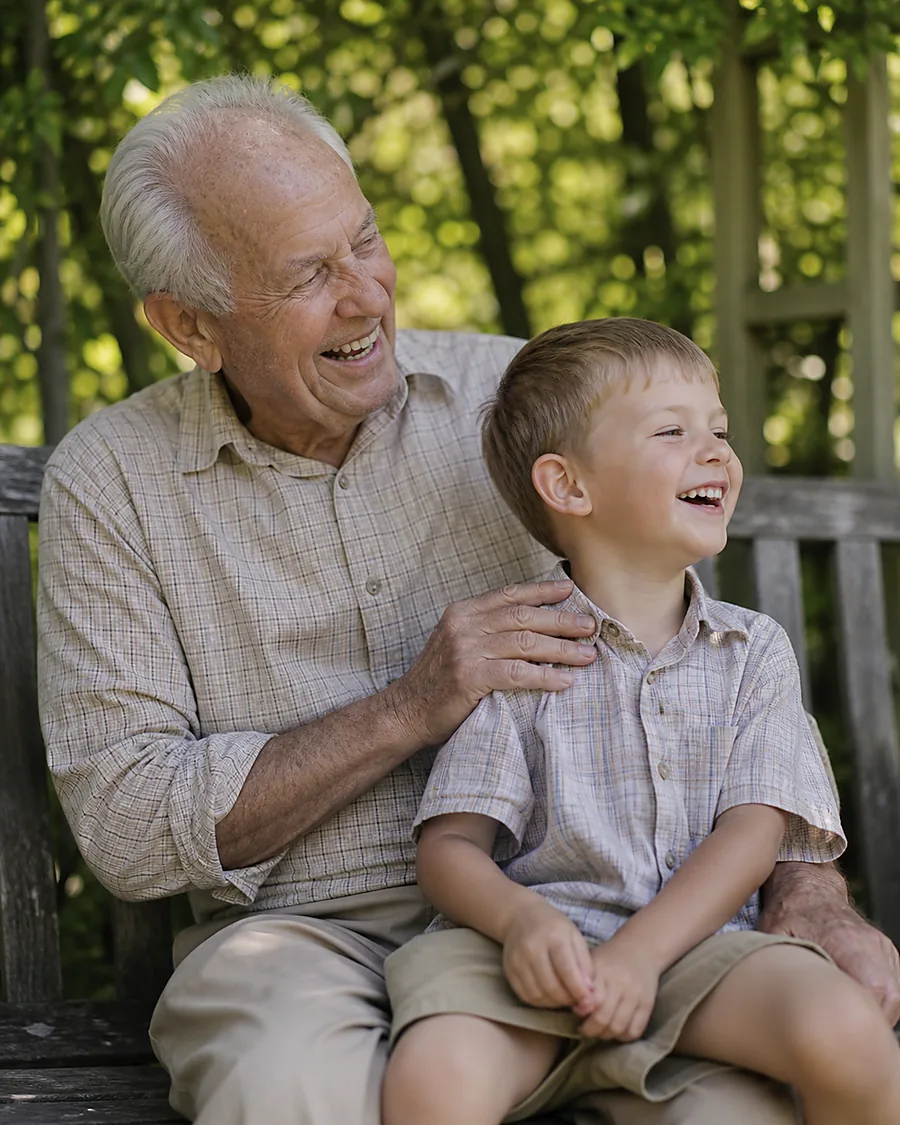 A grandfather sitting outdoors with his young grandchild, both laughing.