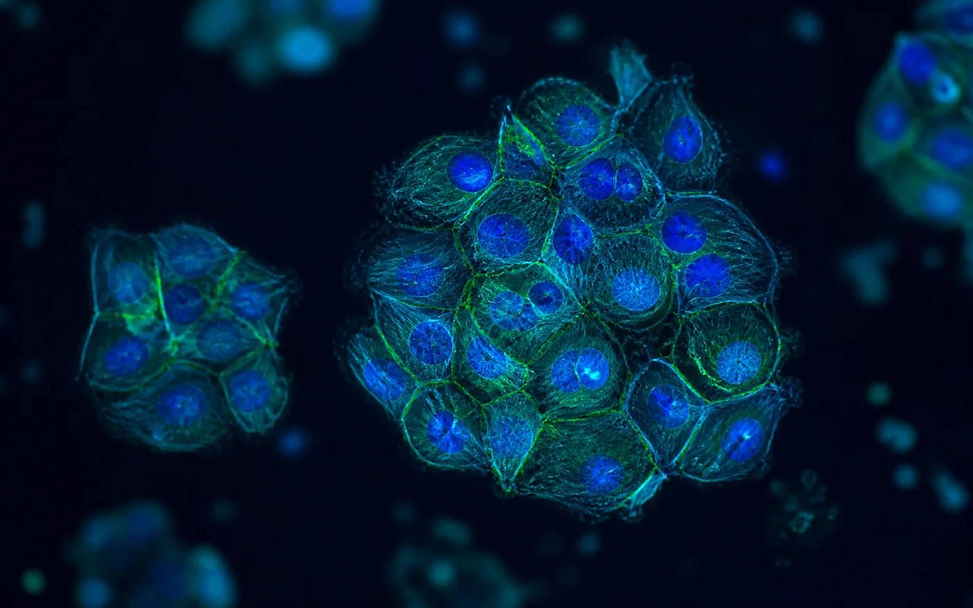 Microscopic view of cultured cells, rendered in blue and teal tones.