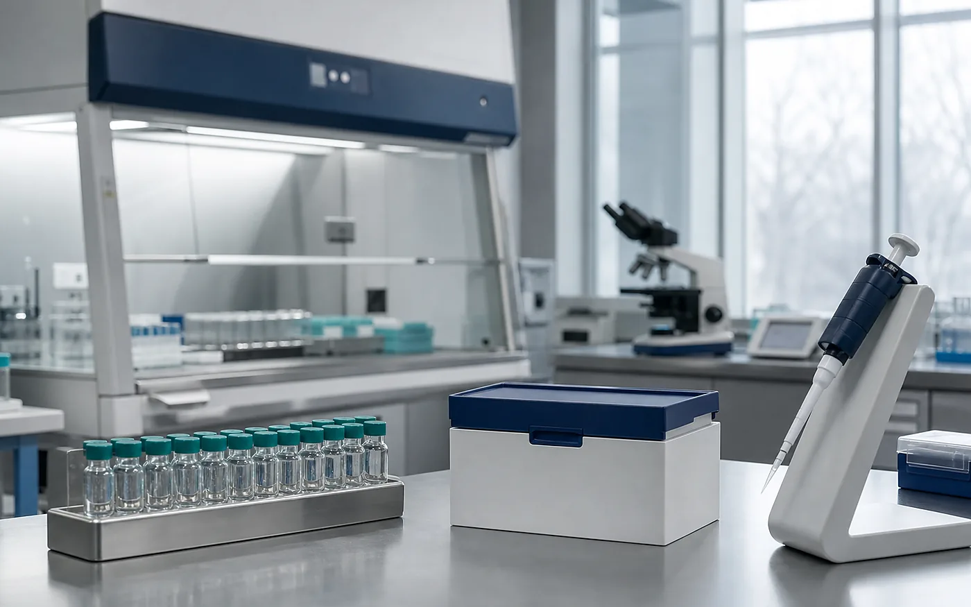 A clean laboratory bench with sample vials and controlled storage equipment.