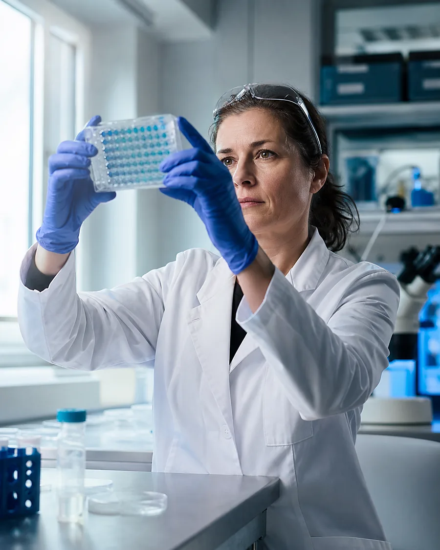 A researcher in a laboratory examining a culture plate under soft light.